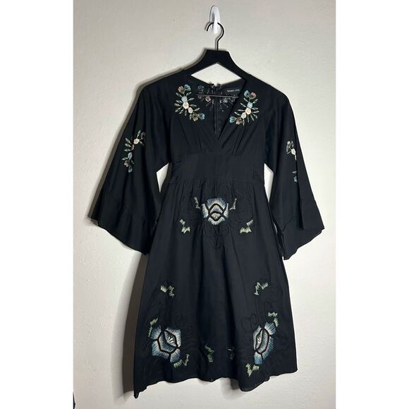 Tamara Catz Embroidered Black Cotton Bell Sleeve Dress - Picture 1 of 13
